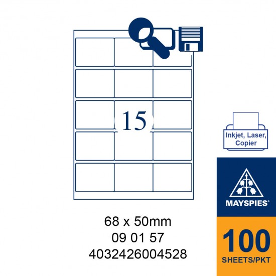 MAYSPIES 09 01 57 LABEL FOR INKJET / LASER / COPIER 100 SHEETS/PKT WHITE 68X50MM